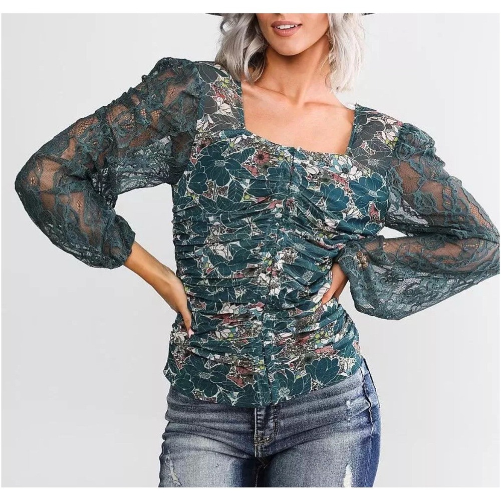 Gimmicks Buckle Exclusive Women's Floral Lace Sleeve Mesh Boho Top, Small NWT